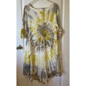 Belle France Tie Dye Italian Linen Tunic Top High Low Hem Crochet Trim Medium